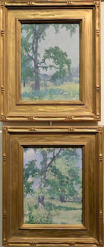 Three pieces attributed to Breta Longacre (early 20th century) oil on board, pair of landscapes (both 9 1/4" x 7 1/4"), and a fall l...