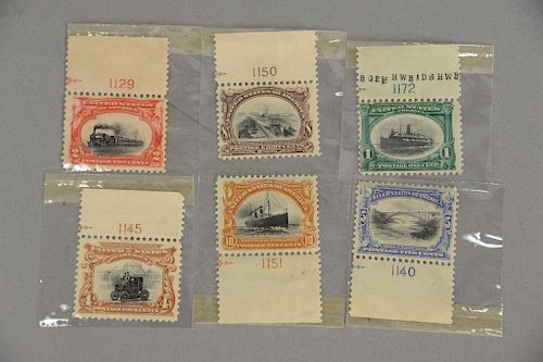 Six stamps including Bridge Niagara, Automobile, East Lake Navigation, Canal Locks, East Ocean Navigation, East Express.