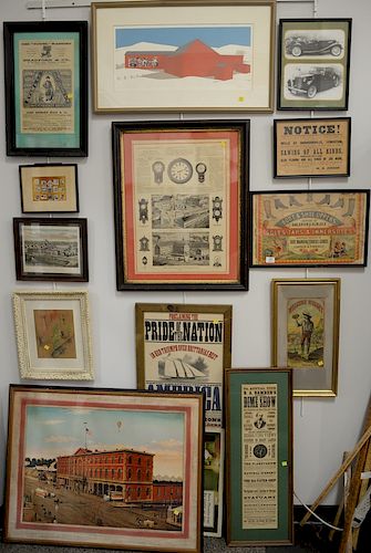 Group of thirteen advertising framed signs and articles including Coca-Cola, Boot & Shoe, Dime Show Broadside, Welcome Nugget, The "...