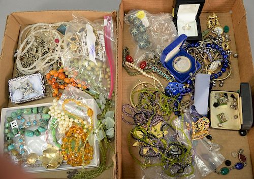 Two box lots of costume jewelry with some silver.