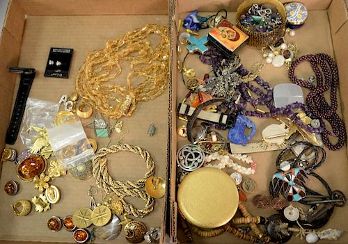 Two tray lots with miscellaneous costume jewelry, Christian Dior earrings, Casty Paris necklace, enameled earrings, etc.