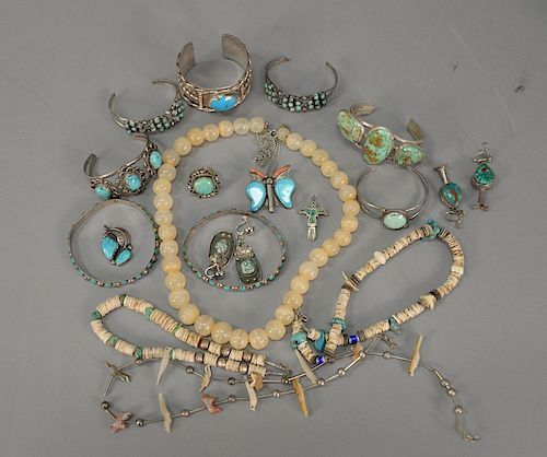 Tray lot of silver and turquoise jewelry.