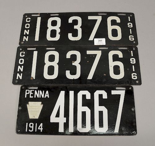 Three piece lot including exact pair of 1916 Connecticut porcelain license plates (lg. 16 1/4in.) along with a five digit 1914 porce...