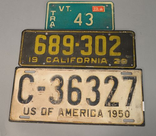 Three piece lot to include a 1928 California license plate (lg. 14in.), 1950 US of America license plate (lg. 14 3/4in.), and a two digit Vermont 