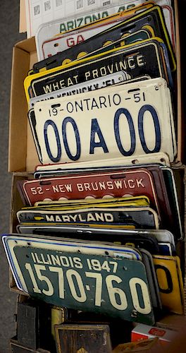 Three box lots of sample license plates from various states such as Texas, Delaware, Montana, etc. ranging from the years 1948 to 1953.