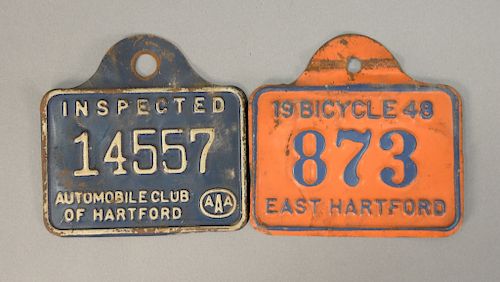 Two piece lot to include 1948 East Hartford, CT bicycle licence plate (lg. 3 5/8in.) and an Automobile Club of Hartford license plat...