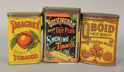 Three vintage tobacco tins including Peachey Double Cut Tobacco Buckingham Bright cut plug Smoking Tobacco, John Bagley and Q Boid F...