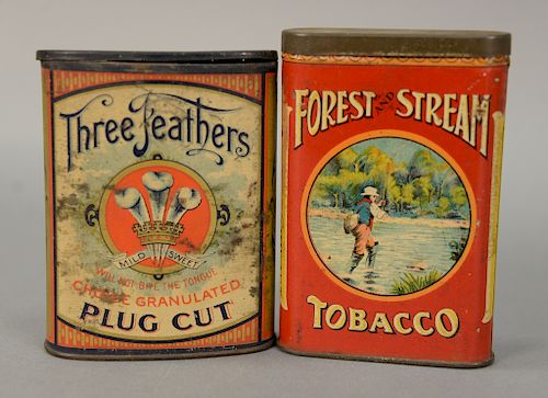 Two tobacco tins including Three Feathers plug cut (ht. 4 1/4in.) along with Forest and Stream Tobacco (ht. 4 1/2in.).