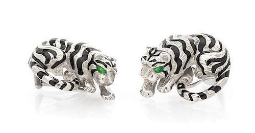 A Pair of 18 Karat Yellow Gold, Enamel and Emerald Tiger Earclips, 21.60 dwts.