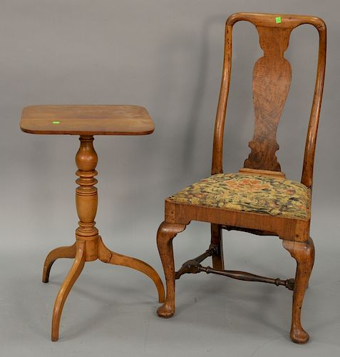 Two piece lot to include Queen Anne side chair and square top candlestand, 18th century. ht. 28 1/2in., top: 17 1/2" x 17 3/4".