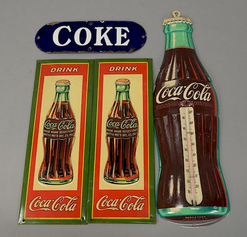 Four Coca-Cola advertising tins including Original Coca-Cola thermometer Trade mark Registered Robertson made in USA, a pair of Coca...