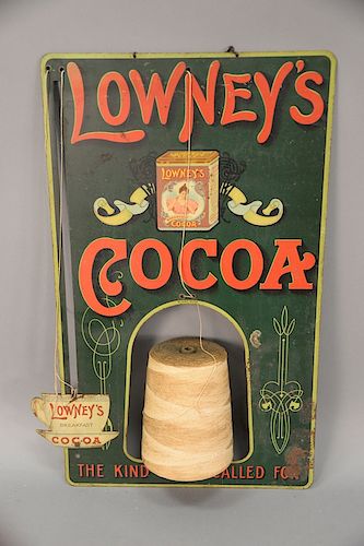 Lowney's Cocoa advertising store tin string holder, double sided, The H.D. Beach C.O. Ohio 1908. ht. 24in., wd. 14 1/2in.