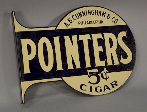 Vintage Pointers double sided cigar sign "A. B. Cunningham & Co. Philadelphia Pointers 5 cent Cigar". 13" x 18 1/4"