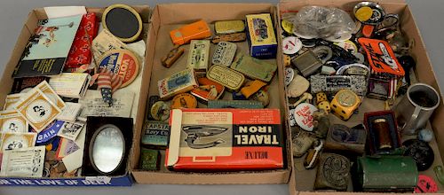 Three tray lots consisting of advertising tins, buttons, etc.