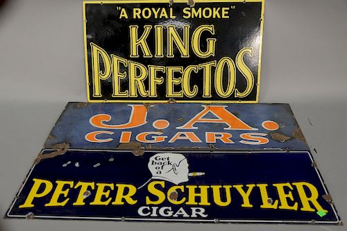 Three enameled cigar tobacco advertising signs to include Peter Schuyler Cigar (12" x 36"); The Royal Smoke King Perfectos Cigar 