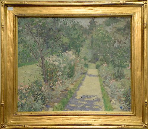 Attributed to Breta Longacre (early 20th century) oil on canvas, landscape with path, marked on stretcher: "painted by Breta Longacr...