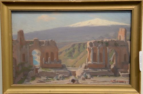Lydia Longacre (1870-1951) oil on board, Ruins of Greek Theatre Taormina, signed and dated lower right: Lydia Longacre 1908, sight s...
