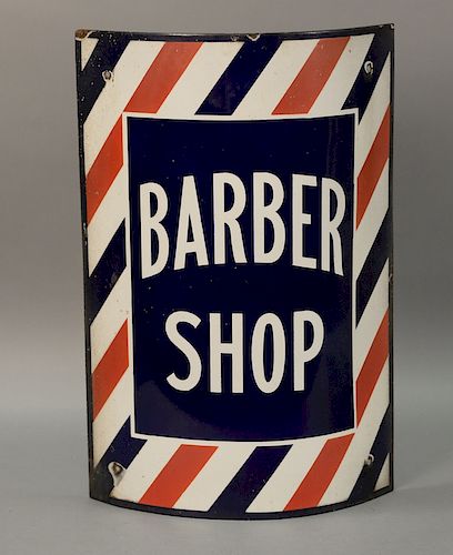 Vintage curved porcelain enameled "Barber Shop" sign. ht. 24in., wd. 15 1/2in.