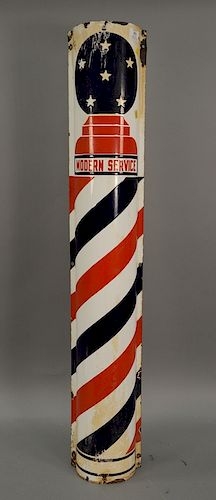 "MODERN SERVICE" barber shop pole sign, convex porcelain enameled. ht. 48in., wd. 8 1/4in.