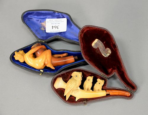 Two Meerschaum pipes in fitted cases (owl pipe mouthpiece as is). lg. 5in. & 4 1/2in.