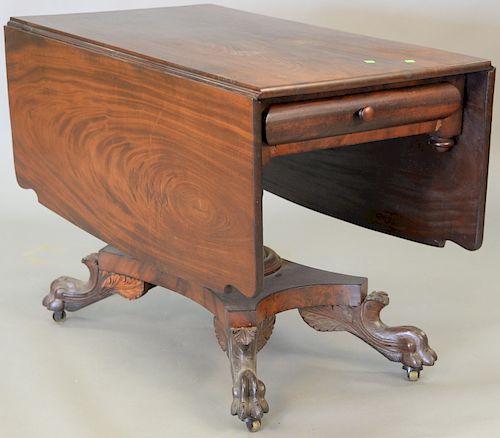 Federal mahogany paw foot drop leaf table, circa 1840. ht. 28in., top closed: 22" x 40"