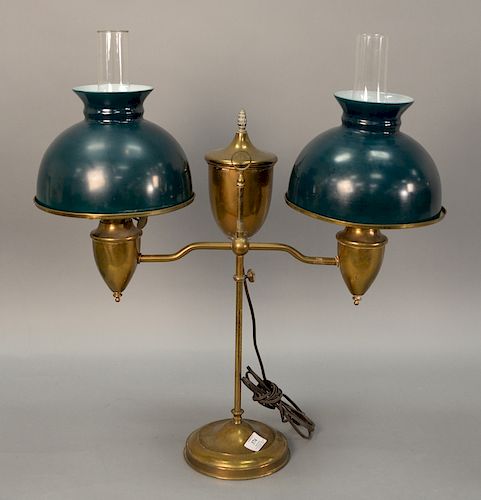 Brass double student lamp with pair of green glass shades. ht. 28in., wd. 26in.