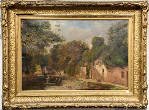 Country town street scene with children and animals playing, oil on canvas, signed illegibly lower left: W. Cro?, in Victorian gilt ...