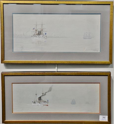 Two Marie W Bradley (1861-1930) watercolor, Cruiser "Boston", signed and dated: M W Bradley 1890 (sight size: 7" x 16 1/4") (1in. te...