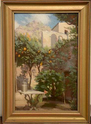 Lydia Longacre (1870-1951) oil on panel, orange tree in landscape 1908, signed lower right: L. Longacre.