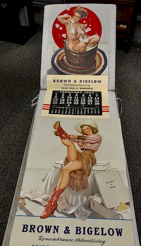 Two large Gil Elvgren 1953 twelve month advertising calendars by Brown and Bigelow including Remembrance Advertising "Bubbling Over"...