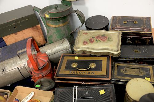 Group of early tole boxes, tins, two planters, wood boxes, etc. ht. 3in. to 13in.