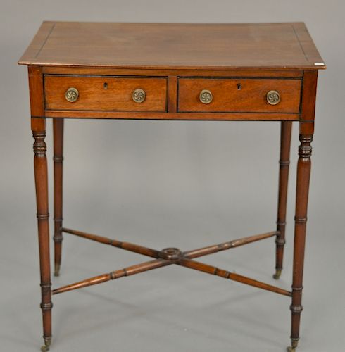 Mahogany continental two drawer stand with line inlaid top on turned legs and stretcher base. ht. 29in., top: 17 1/2" x 27"