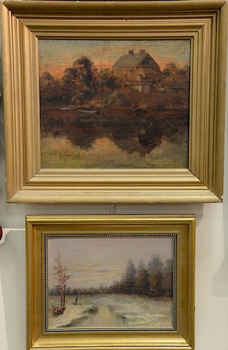 Two framed oil on canvas paintings signed illegibly: House on Rivers Edge 1882 (12" x 14") and Camp Fire along Snowy Stream, signed ...