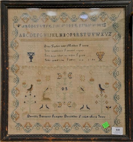 1824 needlework school sampler, "Derilla Bunter's sampler December 3rd 1824 Age 12 years". 18" x 16 1/2"
