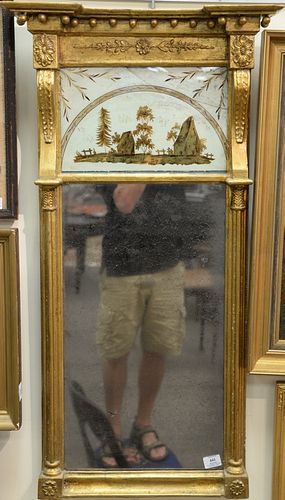 Federal giltwood and eglomise mirror with landscape panel (cracked). ht. 42in.