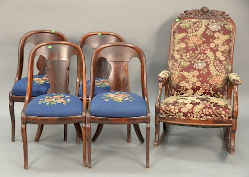 Five piece lot to include a set of four Empire side chairs with needlepoint seats and a Victorian rocker.