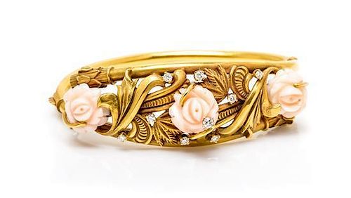 A Yellow Gold, Carved Coral and Diamond Flower Bangle Bracelet, 18.00 dwts.
