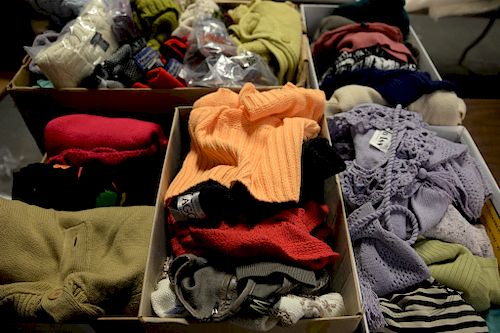 Six boxes of approximately 60 woman's blouses/sweaters to include Willow Ridge, Stephanie Anews, Maria Wynne, Agora New York, Norm T...