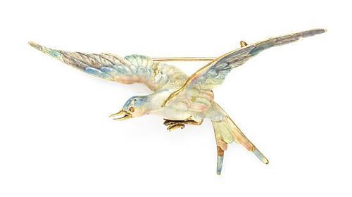 An Antique Yellow Gold and Polychrome Enamel Seagull Pendant/Brooch, Circa 1900, 12.20 dwts.