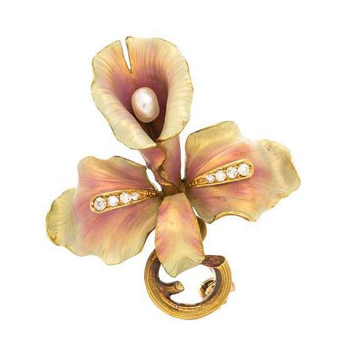 An Art Nouveau Yellow Gold, Polychrome Enamel and Pearl Orchid Brooch, 8.30 dwts.