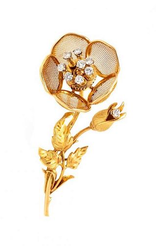 An 18 Karat Yellow Gold and Diamond Articulated En Tremblant Flower Brooch, French, 10.50 dwts.