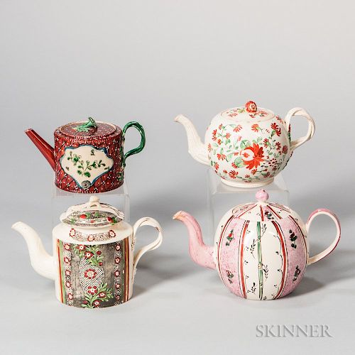 Four Early Creamware Teapots and Covers