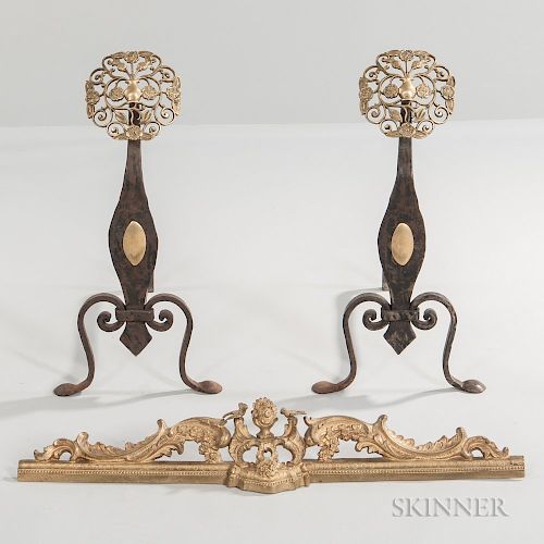 Pair of Iron and Brass Andirons with a Gilt-metal Fender