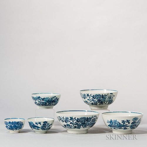 Six Blue and White Worcester Porcelain Graduated Bowls