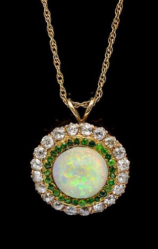 A Rose Gold, Opal, Diamond and Demantoid Garnet Pendant and Yellow Gold Chain, 5.10 dwts.