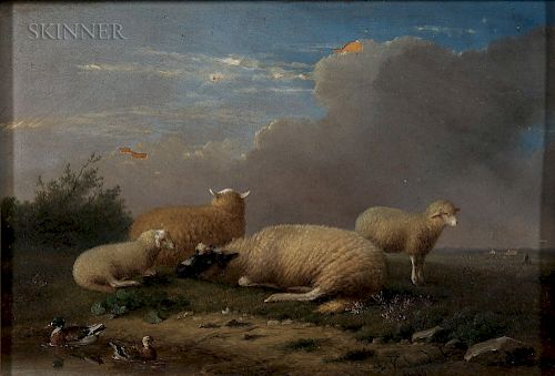 Franz Van Severdonck (Belgian, 1809-1889)  Sheep Resting Beside a Pond