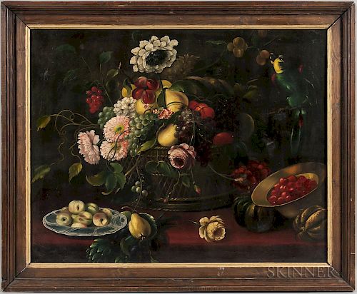 Continental School, 19th Century  Still Life with Fruit, Flowers, and Parrot