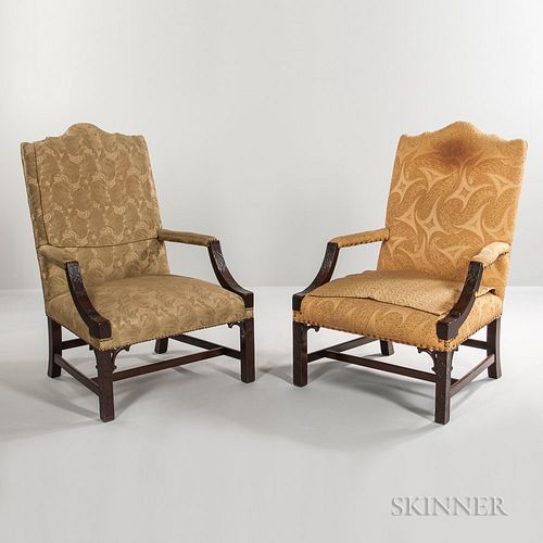 Pair of Georgian-style Upholstered Mahogany Library Armchairs