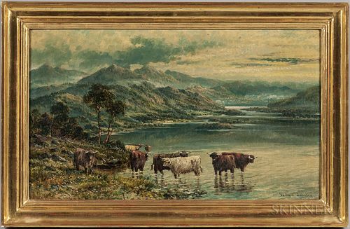 William Langley (British, 1852-1922)  Highland Cattle Watering