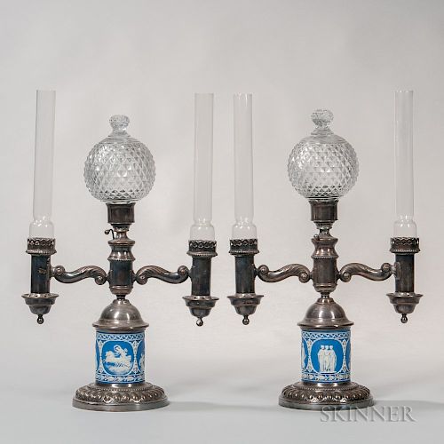 Pair of Dark Blue Jasper-mounted Silver-plated Table Lamps